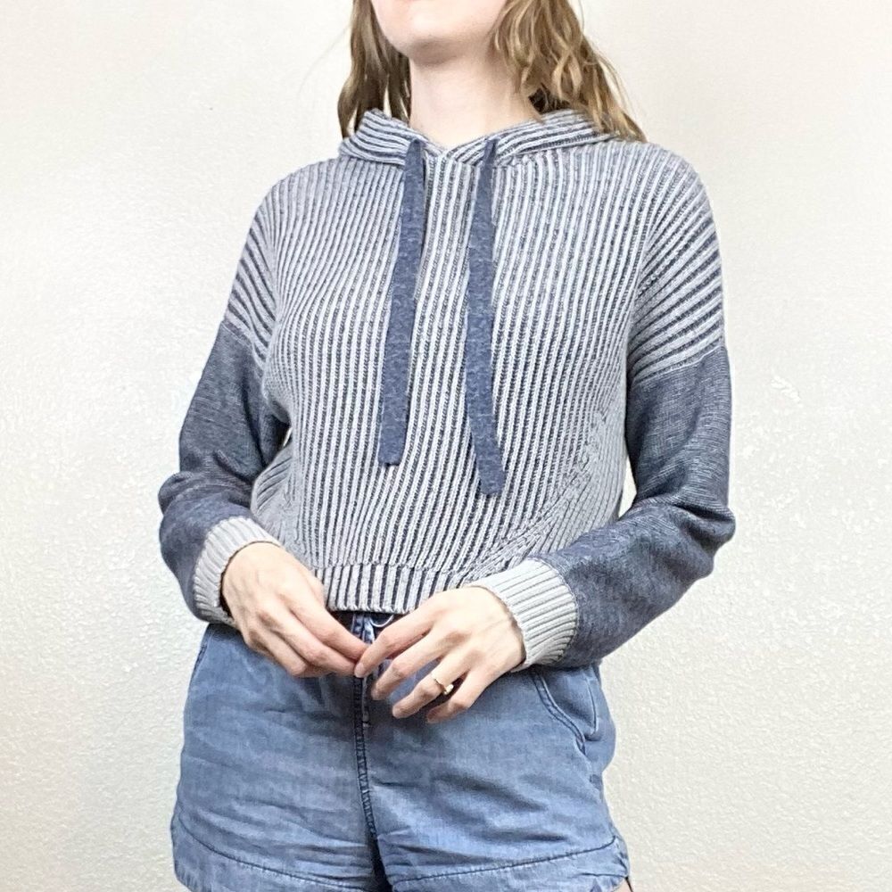 Splendid Navy & White Ribbed Knit Hooded Sweater